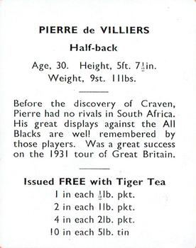 1937 International Tea (NZ) Ltd (Tiger Tea) Springbok Rugby Players in NZ #NNO Pierre de Villiers Back
